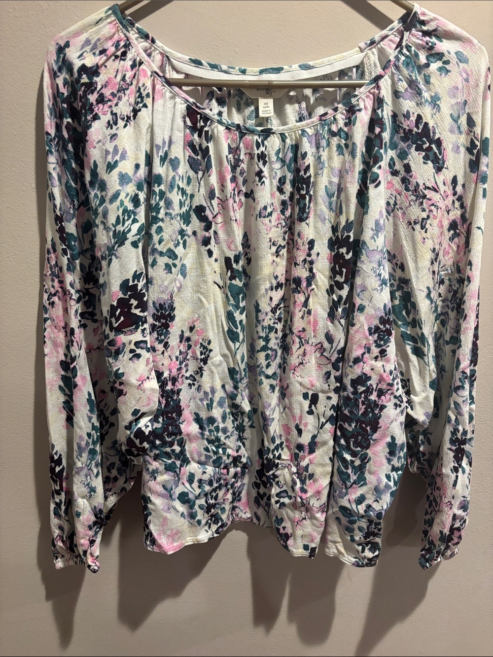 Terra & Sky White Blouse with Teal, Pink & Navy Floral Print